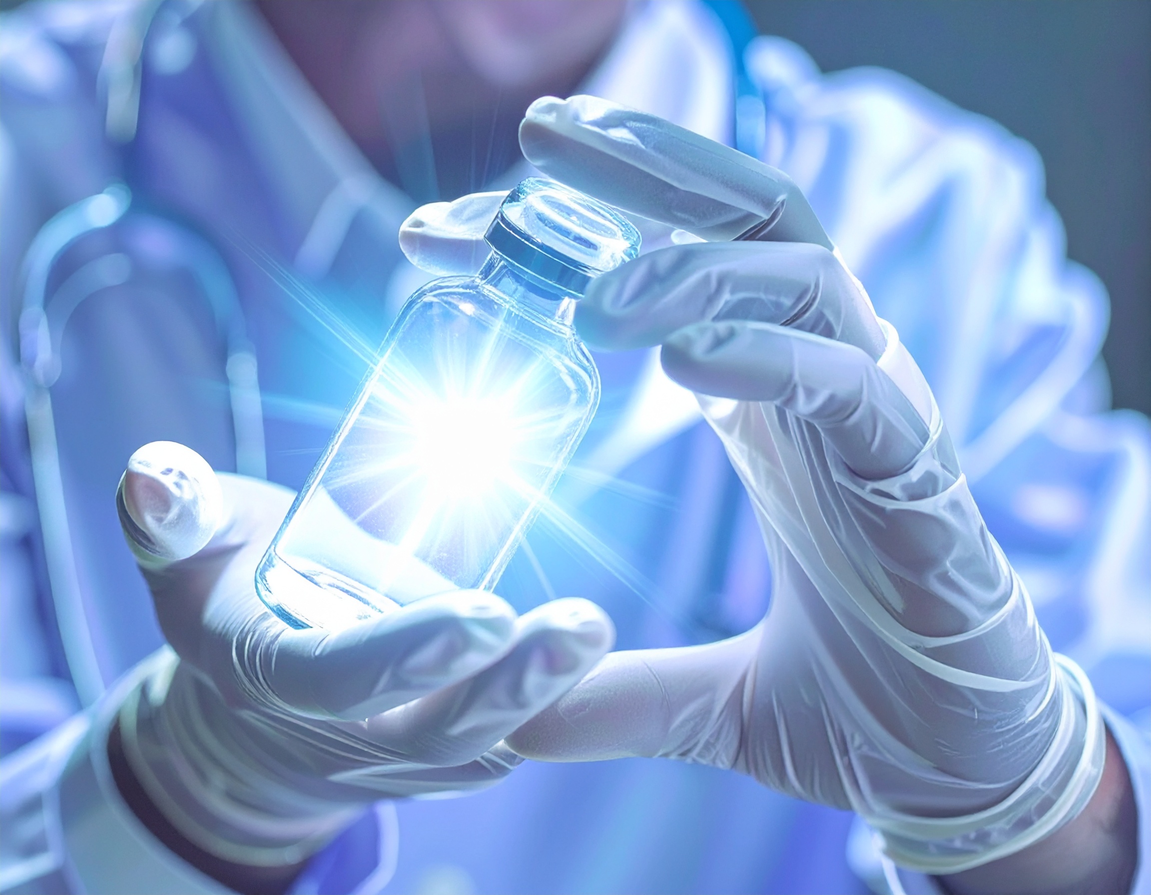 Firefly_A glass bottle containing a miracle drug, shines with a divine light, in the hands wi 992841