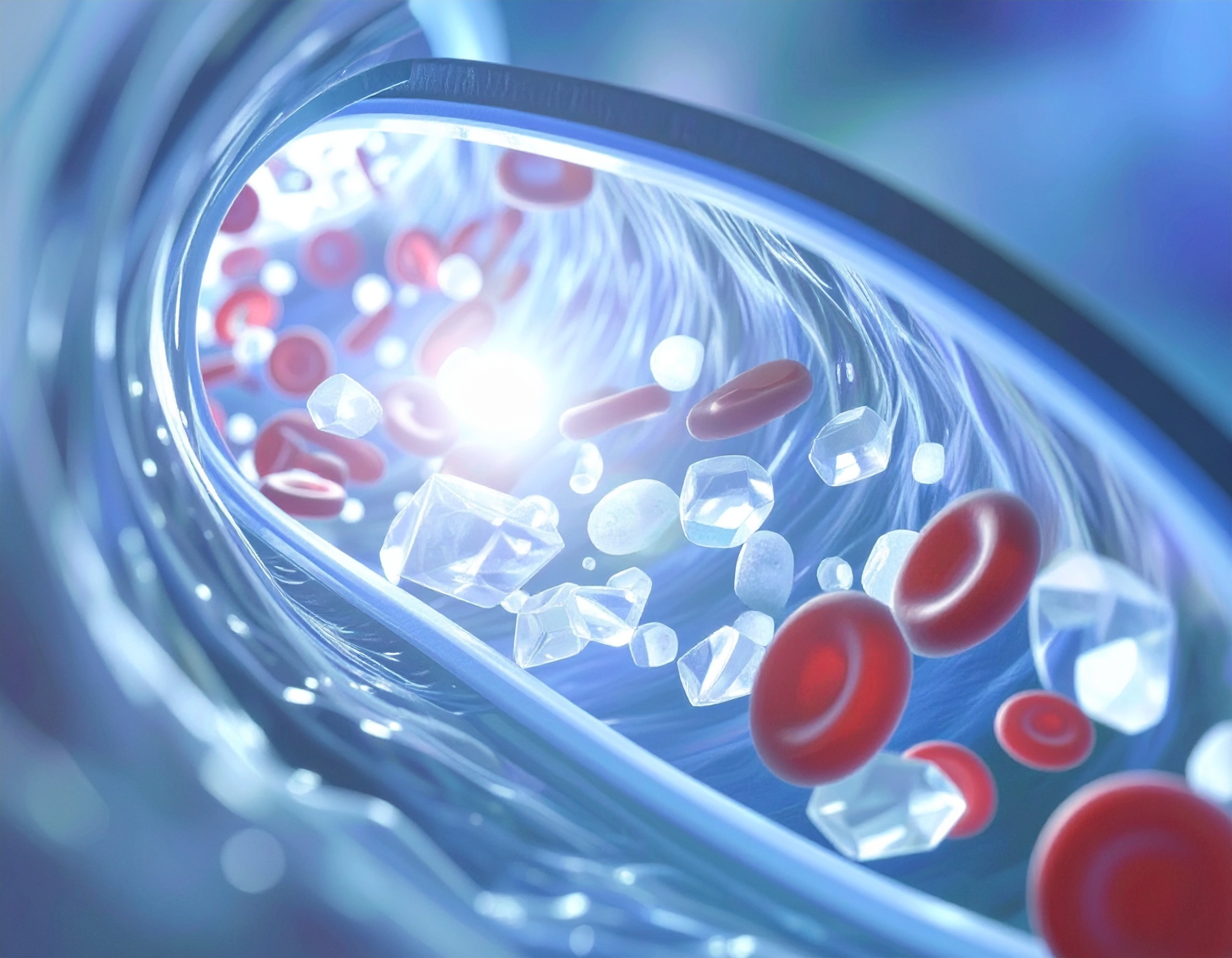 Firefly_Inside of a vein in the lungs with red blood cells and white crystals emitting a bene 189490