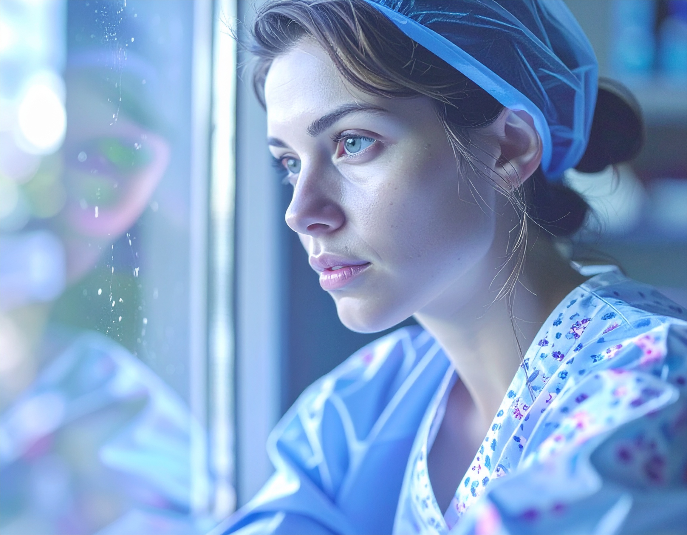 Firefly_Sick patient looks out of a hospital window with a thoughtful expression 418956