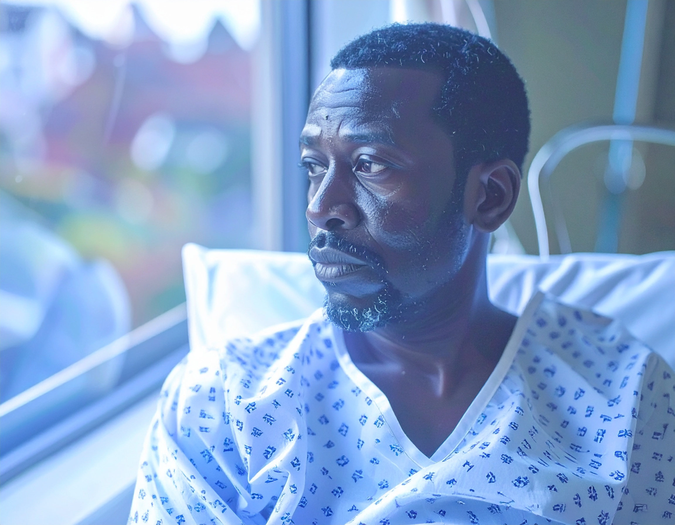 Firefly_Sick patient looks out of a hospital window with a thoughtful expression 477430